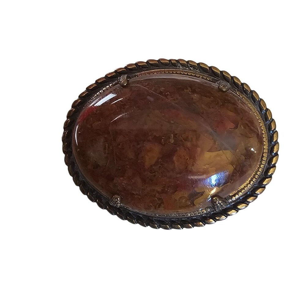 VTG‎ Brooch Oval Bronze Framed Polished Jasper Stone Mid Century Fairy Cottage